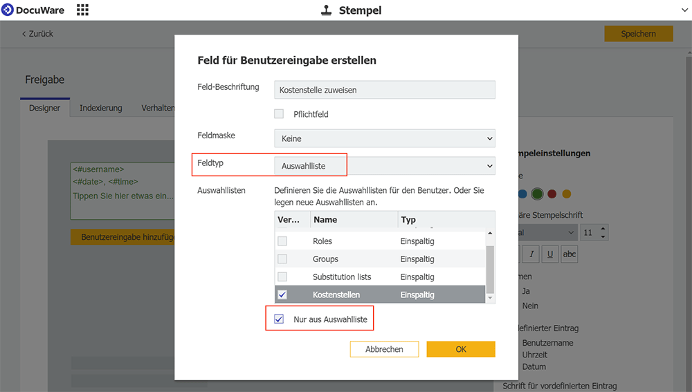 Auswahlliste zuordnen